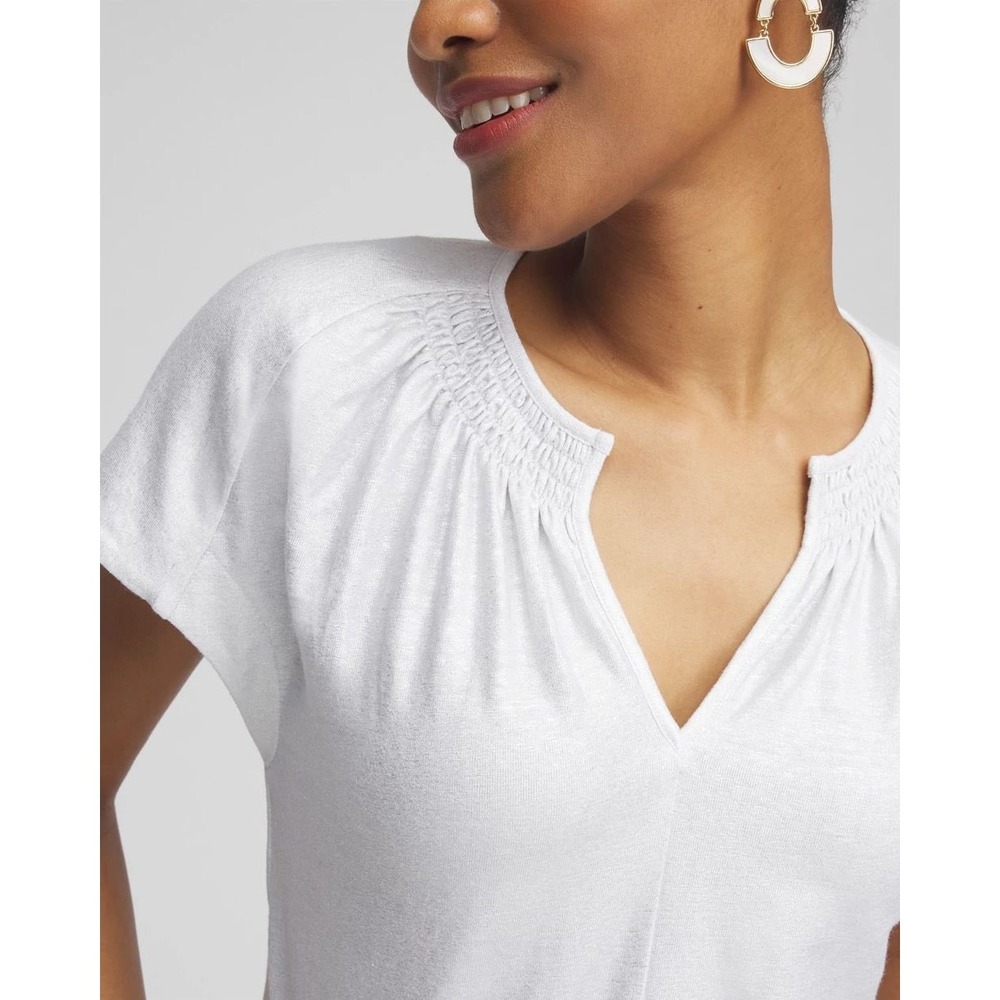 Chico's Linen Stretch Metallic Tee Women Small White Shimmer Smocked Top Preppy